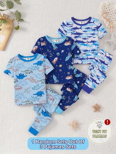 [3-Piece Set] Young BoySpring/Summer Fashion Short Sleeve Pants Snug Fit Pajamas, Cartoon Dinosaur, Sci-Fi Rocket, Fierce Shark Graphic Print, Knit Fabric, Soft & Comfortable Short Sleeve Pants Sleepwear