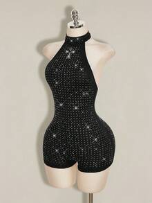 SHEIN ICON Women's Rhinestone Embellished Halter Neck Jumpsuit - Black - View 3