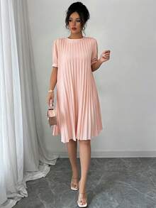 Elenzga Women's Elegant Romantic Loose Solid Color Pleated Petal Sleeve Mini Dress, Versatile For Spring/Summer - Baby Pink - View 4