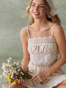 WESTFADE Mixed Lace Tiered Ruffle Sleeveless Tank Top Cami - Khaki - View 1