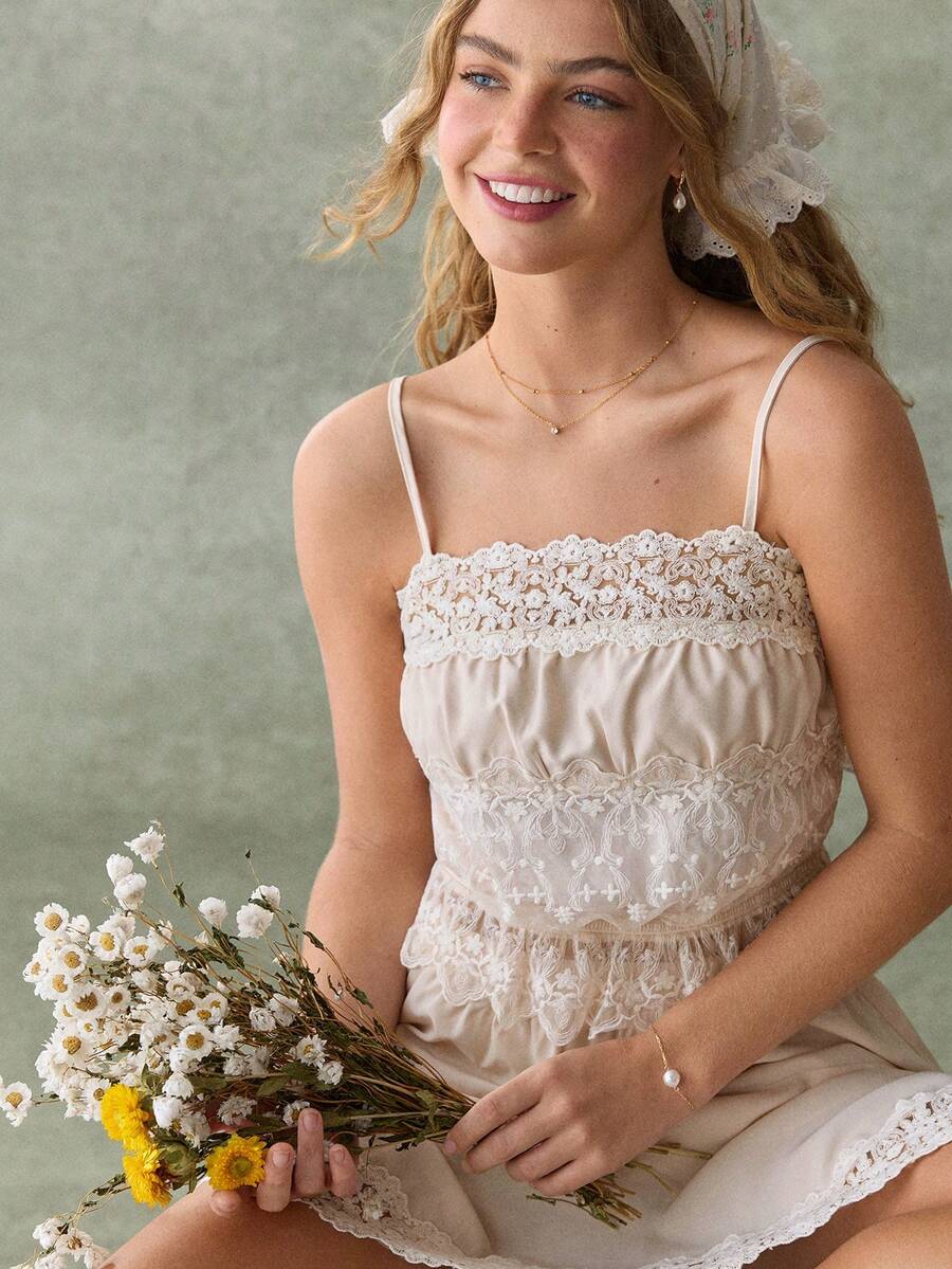 WESTFADE Mixed Lace Tiered Ruffle Sleeveless Tank Top Cami - Khaki - View 1