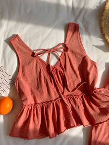 Comfortcana Conjunto de 2 piezas de camisola sin espalda y shorts casuales para mujer en color rosa coral, para vacaciones de verano - Rojo - Ver 6