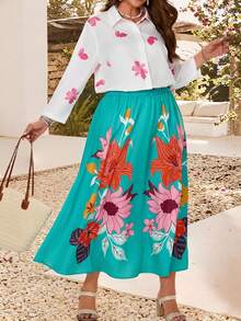 EMERY ROSE Plus Size Women Floral Print Shirt And Skirt Set, Vacation Gym Brown Autumn - Multicolor - View 1