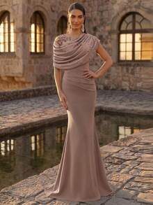 Aureia Elegant Elastic Knit Contrast Mesh Mermaid Hem Dress,Luxurious Asymmetric Ruffled Shoulder With Floral Applique,Beaded & Rhinestone For Evening Party - Dusty Pink - View 5