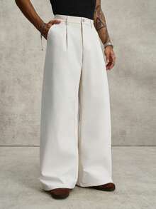 PAVTROS Men's Loose Casual Solid Color Wide Leg Pants - White - View 3