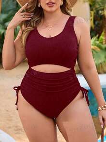SHEIN Navy Blue Plus Size One-Piece Swimsuit With Cover-Up Set For Leisure & Vacation - Red Violet - View 1