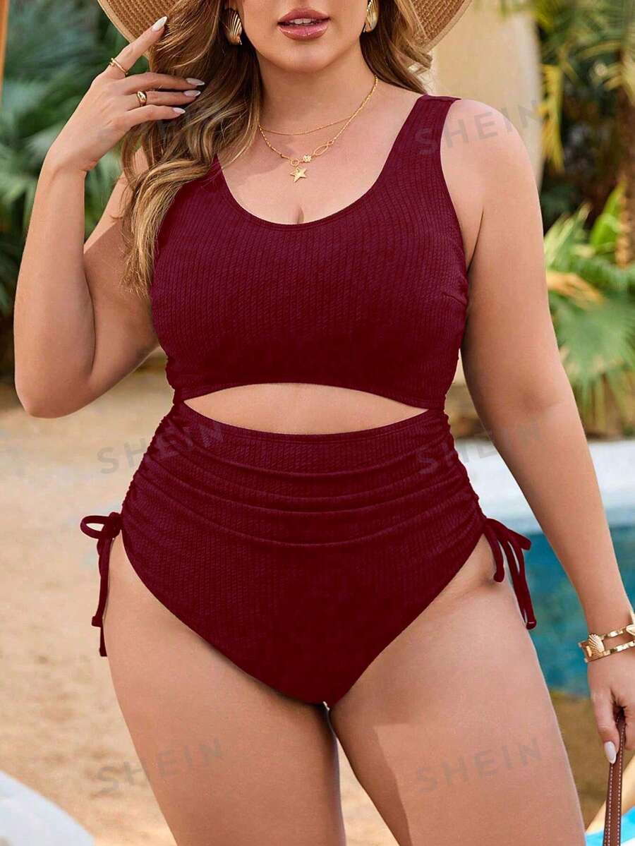 SHEIN Navy Blue Plus Size One-Piece Swimsuit With Cover-Up Set For Leisure & Vacation - Red Violet - View 1