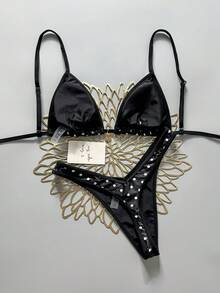 Swim MOD 兩件式泳衣，黑白波點隨機印花，金色花卉裝飾，掛脖三角上衣與高衩丁字褲，女性性感比基尼套裝，春夏季 - 彩色 - 查看 2
