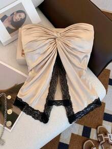 SHEIN Frenchy Áo quây ngực bằng satin và ren xoắn phía trước, thời trang, gợi cảm dành cho nữ, thích hợp cho kỳ nghỉ. - Màu be - Xem 1