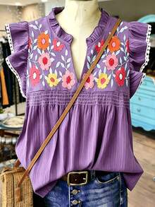Linhara Plus Size Women Floral Print V-Neck Cap Sleeve Blouse - Purple - View 1