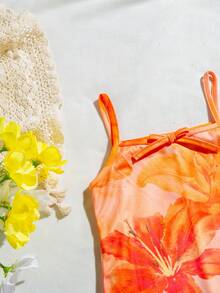 SHEIN Đầm hai dây in hoa, ôm dáng, thoải mái, thích hợp cho bé gái đi nghỉ mát mùa hè ở bãi biển, chất liệu mềm mại và dễ chịu, phong cách bohemian, phù hợp cho lễ hội âm nhạc. - trái cam - Xem 10