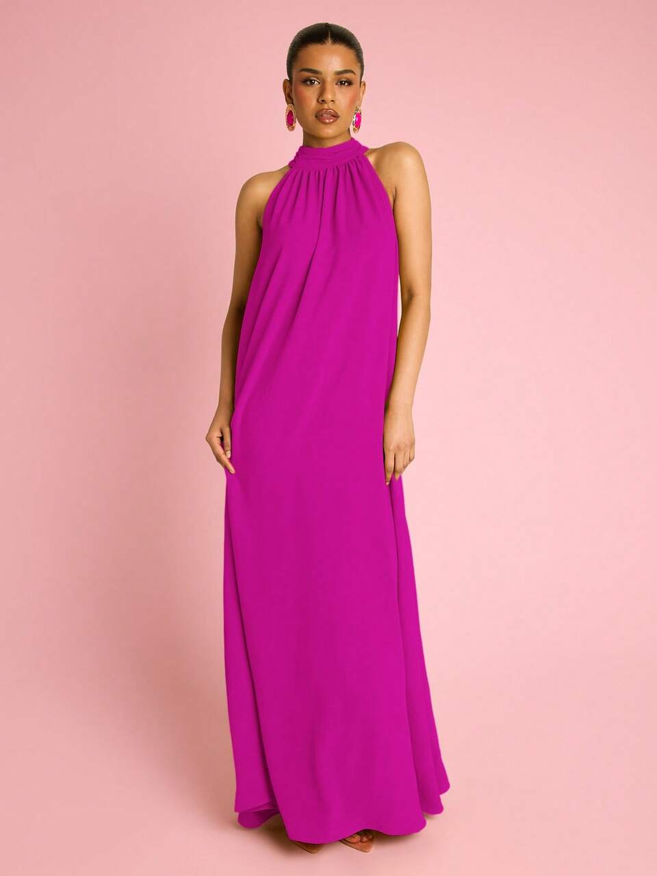 Womens Halterneck Statement Flowing Trapeze Maxi Dress, Vacation Outfit, Summer Holiday Dress, Elegant Chic Holiday Outfit, Evening Dress, Wedding Guest Dress, Occasion Birthday Party Ibiza, Loose Fitting, Boho Sleevelsss