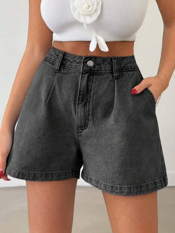 EURMUSE Shorts di jeans casual, vita alta, con pieghe e tasche, larghi, da donna