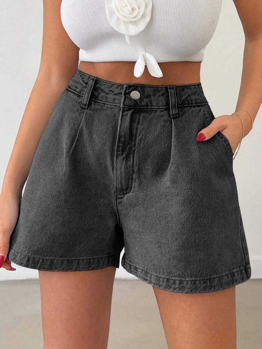 EURMUSE Women's High Waist Pleated Pockets Loose Casual Denim Shorts - Light Grey - View 1