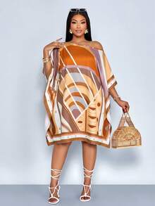 SOLERSUN Plus Size Women's White Summer Boho Sequin Vacation Al-Adha Mid Length Dress,Slanted Asymmetrical Shoulders,Green Abstract Geometric Print Woven - Orange - View 3