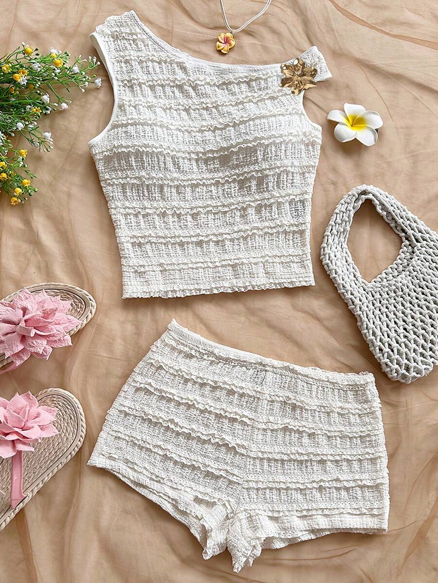 SHEIN 2pcs/Set Teen Girls White Striped Knit Asymmetric Shoulder Ruffle Trim Fitted Top&Ultra Low Waist Skinny Shorts,Summer Beach Vacation Holiday Party - White - View 1