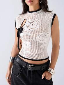 LYSMO Áo len nữ dệt kim phối màu tương phản, khoét lỗ, buộc dây. - Màu be - Xem 4