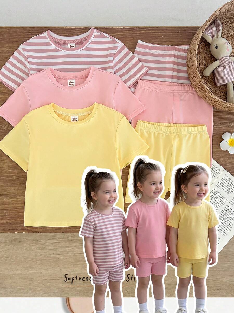 Cozy Pixies Bộ 3 món đồ dệt kim mềm mại mùa hè cho bé gái, màu hồng, màu mơ, màu tím, thời trang thường ngày, thích hợp cho kỳ nghỉ, cắm trại, chụp ảnh, anh chị em và bố mẹ mặc cùng nhau. - Nhiều màu - Xem 1