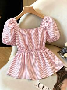 de mujer nueva con rayas azules, lazo delantero, mangas abullonadas, cintura ceñida y bajo tipo paraguas, top de manga corta para salidas, desplazamientos, vacaciones, días festivos, uso casual, formal, academia y uso diario - Rosa Roja - Ver 2