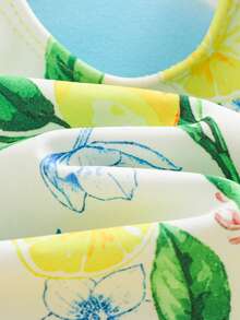 Cozy Pixies 2pcs Baby Girl Cute Yellow Lemon Print Dopamine Color Romper & Casual Versatile Sun Hat Set - Yellow - View 6