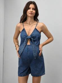SHEIN Bộ áo liền quần cho bà bầu với thiết kế thắt nút phía trước và khoét eo. - Rửa trung bình - Xem 4