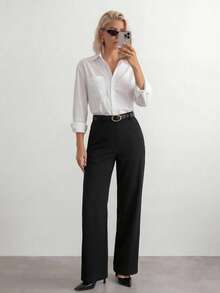 SHEIN ICON 女款休閒極簡黑色拉鍊開襟寬鬆直筒長褲，適合日常穿著、冬季女裝、老錢風、高腰、復古工裝風、商務休閒女裝、辦公室商務女裝長褲、小個子女裝商務休閒 - 黑色 - 查看 10