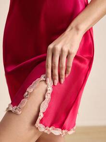 Hourtrue Valentine's Day Sexy Contrast Color Lace V-Neck Open Shift Dress For Women Luxeloungewear - Red - View 11