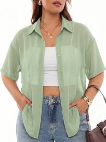 SHEIN EZwear 女士大码透明纯色前开襟长袖衬衫 - 綠色 - 查看 9
