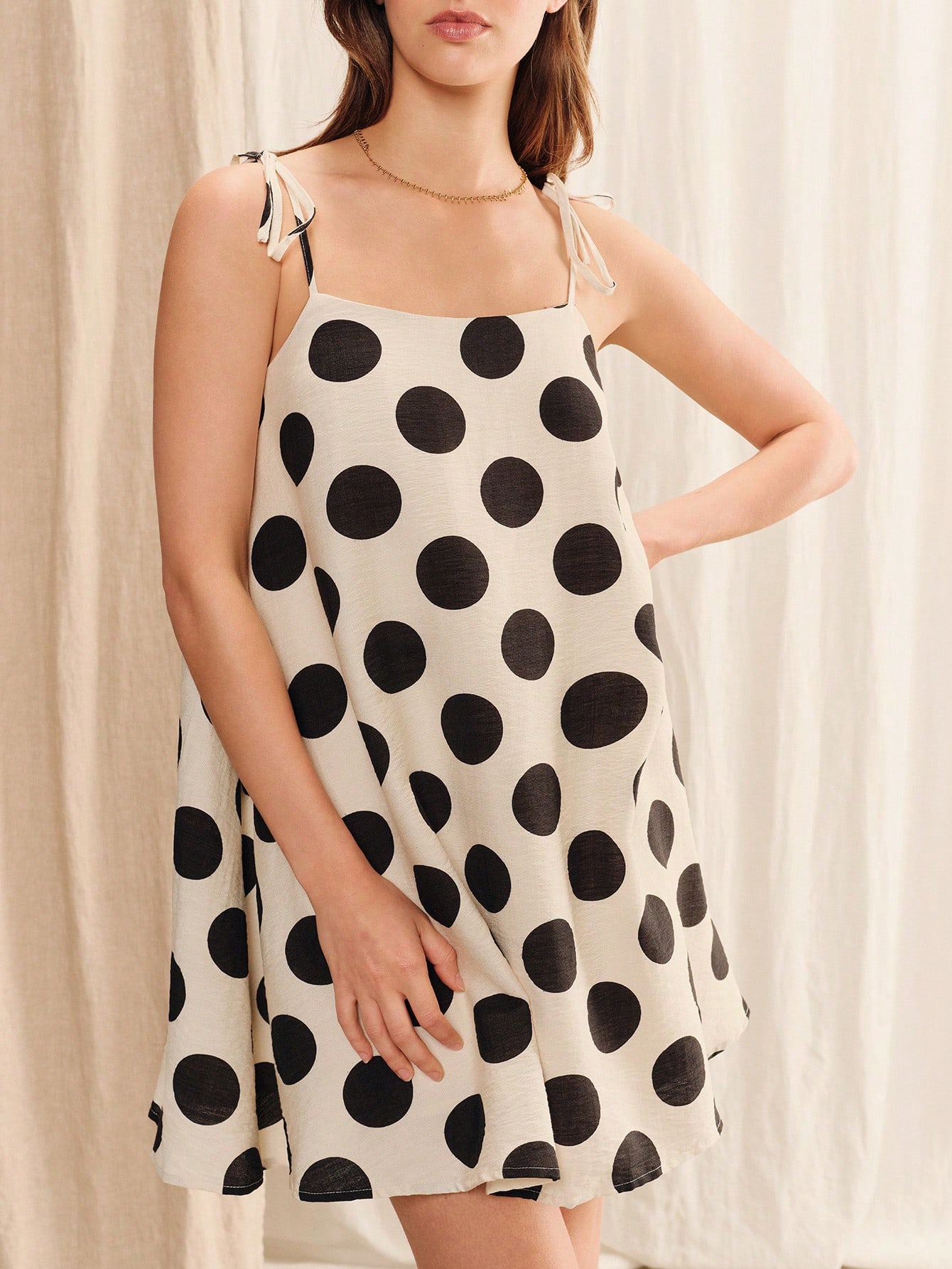 White And Black Loose Fit Polka Dot A-Line Mini Dress Spring Summer Casual Holiday Dress Vacation Dress French Style Chic Dress