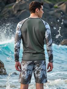 Manfinity KASUA Men's Beach Vacation Brush Print Contrast Piping Swimwear Rash Guard Set - Black - View 2