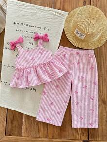 SHEIN LMoss Kids LMoss 女婴夏季可爱条纹吊带背心和松紧腰裤两件套 - 粉色 - 查看 8
