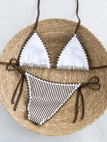 Swim Mod Bộ bikini nữ kẻ sọc xanh dễ thương, buộc dây phía trước, đồ bơi đi biển tươi mát cho kỳ nghỉ hè. - Cà phê nâu - Xem 2