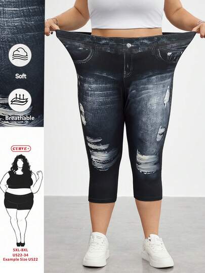 SHEIN CURVE+ 大码女式牛仔印花高腰七分紧身裤