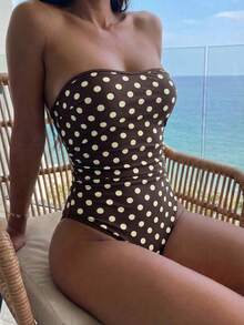 Swim Chiccia Traje de baño de una pieza elegante con estampado de lunares, con tirantes ajustables y pierna alta para mujer - Café integral - Ver 4