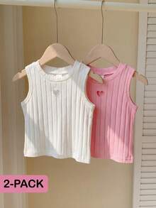 SHEIN Playful Pals 2件組女嬰0-3歲可愛夏季畢業返校白色與粉色鏤空愛心圓領無袖T恤上衣棉針織面料 - 彩色 - 查看 3