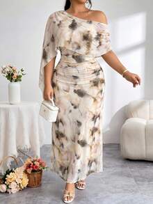 Modelyn Plus Size Minimalist Printed Asymmetrical Shoulder Dress - Multicolor - View 1