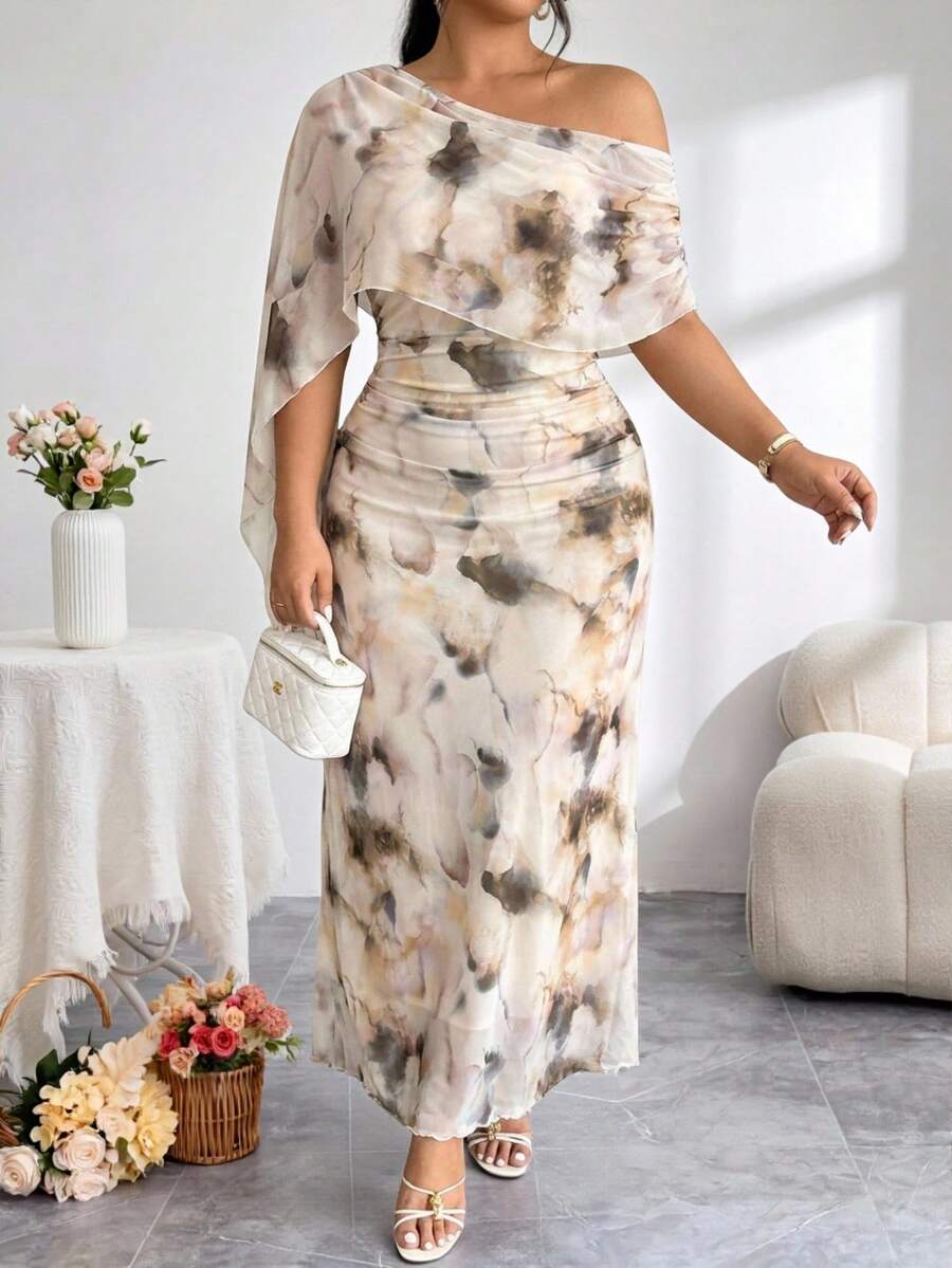 Modelyn Plus Size Minimalist Printed Asymmetrical Shoulder Dress - Multicolor - View 1