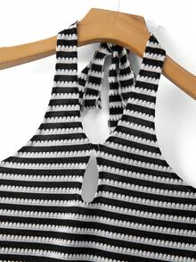 SHEIN LUNE Women's Summer Casual Sexy Black And White Striped Halter Neck Hollow Out Knit Bodycon Mini Dress Goin Out Beach - Black and White - View 5