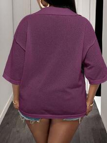 Slaydiva Loose Fit Solid White V-Neck Drop Shoulder Casual Vacation Hollow-Out Knit Plus Size T-Shirt Top For Women, Spring/Summer - Purple - View 2