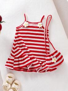 SHEIN Playful Pals 嬰幼女童 0-3歲可愛紅白條紋夏季度假無袖洋裝 3D花卉鳳梨條紋紋理套裝附斜背包 - 紅色 - 查看 8