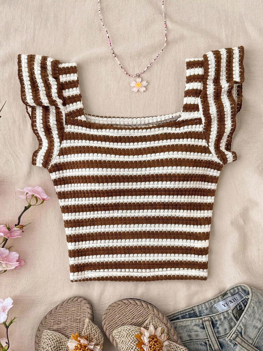 SHEIN Kaos Anak Perempuan Remaja Kasual untuk Liburan di Rumah, Bertekstur Rajut, Potongan Pas Badan, Kerah Persegi Pendek, Warna Putih - Coklat - View 1
