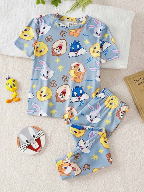 LOONEY TUNES X SHEIN 2pcs Young Boys Graphic Crew Neck Short Sleeve Top And Leggings Pajama Set