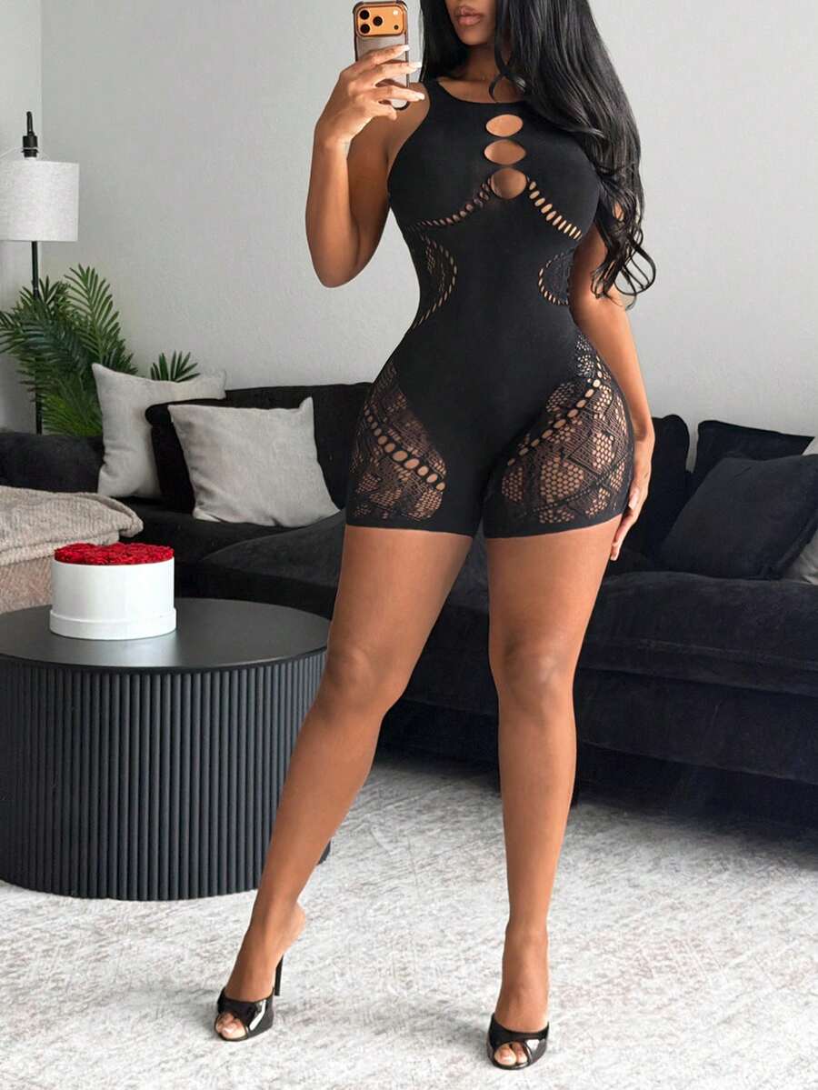 BamGleam Bộ jumpsuit nữ gợi cảm, xuyên thấu, họa tiết da báo, hở lưng. - màu đen - Xem 1