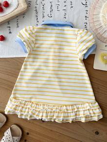 SHEIN 1 Peça Vestido de Menina Bebê de 0-3 Anos de Estilo Casual e Simples para Verão e Outono, com Cores Contrastantes. Colarinho Acompanhado de Tecido de Malha Canelada. Decoração com Estampa de Cachorro, Perfeito para Passeios e Férias. - Amarelo - Visão 2