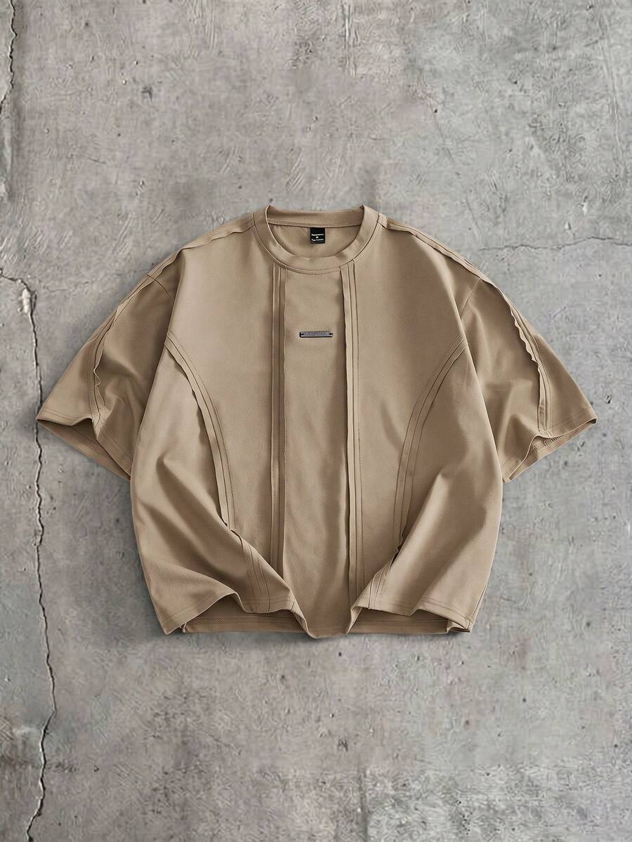 AXEPEAK Kaos Pria Kasual Ukuran Standar Warna Hitam dengan Kerah Bulat Rajut Kontras, Musim Panas - Coklat - View 1