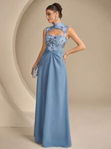 Coutiva Women's Floral Sequin Hollow-Out Formal Evening Gown,Elegant High-End Sleeveless Luxury Party Dress For Wedding,Graduation Ceremony & Ball Ceremony - Dusty Blue - View 8
