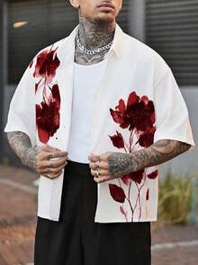 Devon Thys Men's Floral Print Short Sleeve Single-Breasted Cropped Shirt - White - View 3