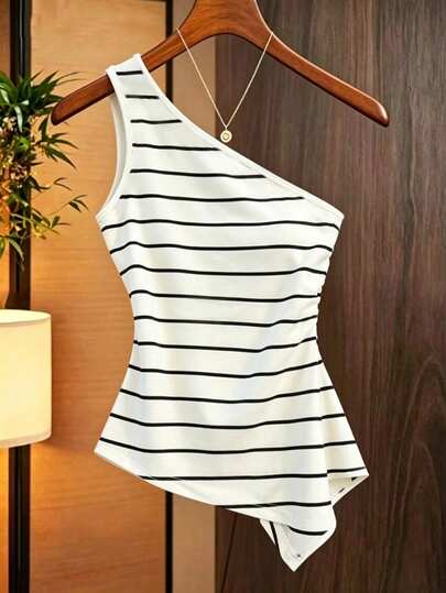 GlowEve Women's Spring/Summer New Arrival, Fashionable For Beach Vacation, Commute, Daily Gathering, Summer Date, Casual Versatile, Tailored Design, Retro Striped Fabric, Waist-Cinching Silhouette, Asymmetric Ruched Hem, Sleeveless Black & White Striped Top