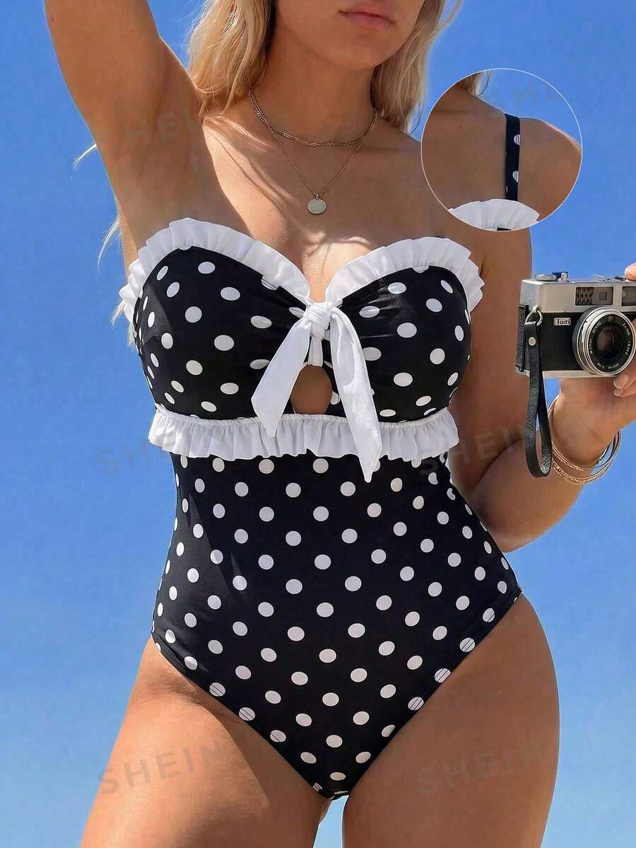 Swim Mod 2026 New Spring/Summer Plus Size Women's Black White Polka Dot Ruffle Trim Cute Swimsuit Suitable For Beach Party Sexy - Black and White - View 1