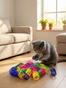 PETSIN 宠物猫自娱玩具，塑料彩色弹簧弹跳互动猫玩具，猫咪用品，猫咪螺旋弹簧/纸质褶皱玩具，2/4/8/10/12/20/30/40/50/60 片装，创意玩具，消磨时间，保持健康，耐用塑料彩色玩具，适合拍打、啃咬、追逐，适合猫咪，情人节猫狗礼物 - 彩色 - 查看 7